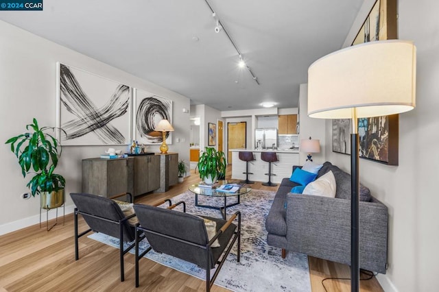 living room featuring rail lighting and light hardwood / wood-style flooring