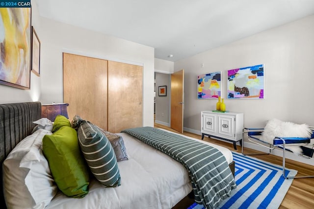 bedroom with a closet and hardwood / wood-style floors