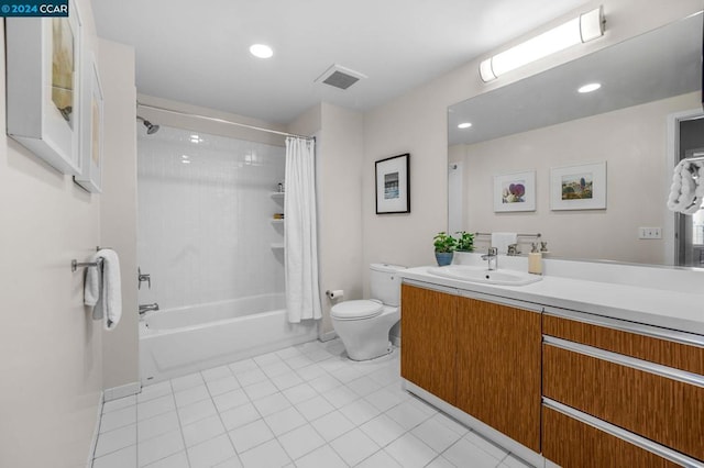 full bathroom with oversized vanity, shower / bath combination with curtain, toilet, and tile flooring