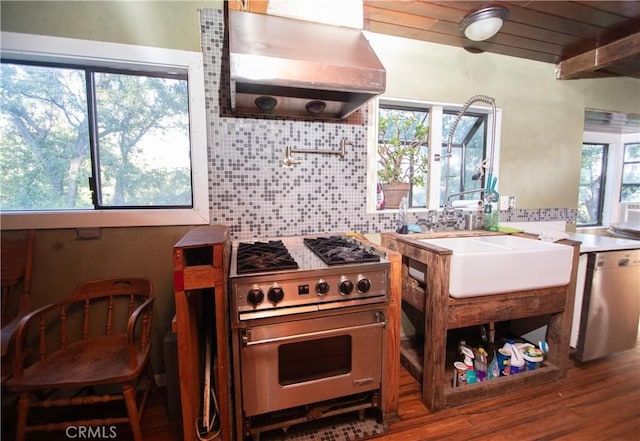 kitchen featuring premium stove, white dishwasher, sink, exhaust hood, and tasteful backsplash