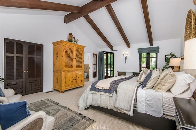 bedroom with light carpet, french doors, beamed ceiling, and high vaulted ceiling