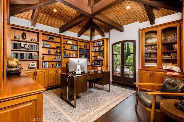 office space featuring lofted ceiling with beams, light wood-type flooring, and french doors