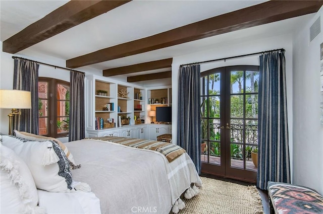 bedroom featuring access to exterior, french doors, and beam ceiling