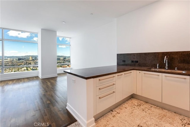 kitchen with dark wood-type flooring, sink, decorative backsplash, white cabinetry, and kitchen peninsula