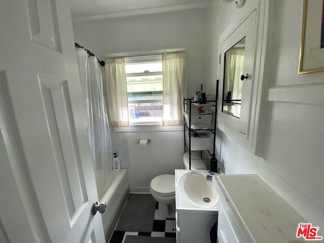 full bathroom with shower / bathtub combination with curtain, tile flooring, vanity, and toilet