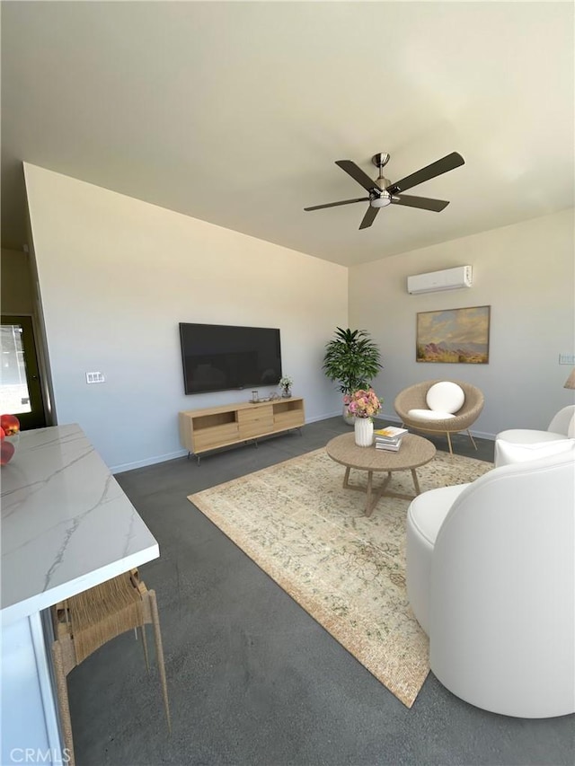 living room featuring ceiling fan and a wall mounted air conditioner