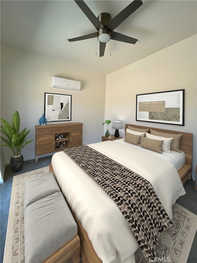 bedroom with ceiling fan and an AC wall unit