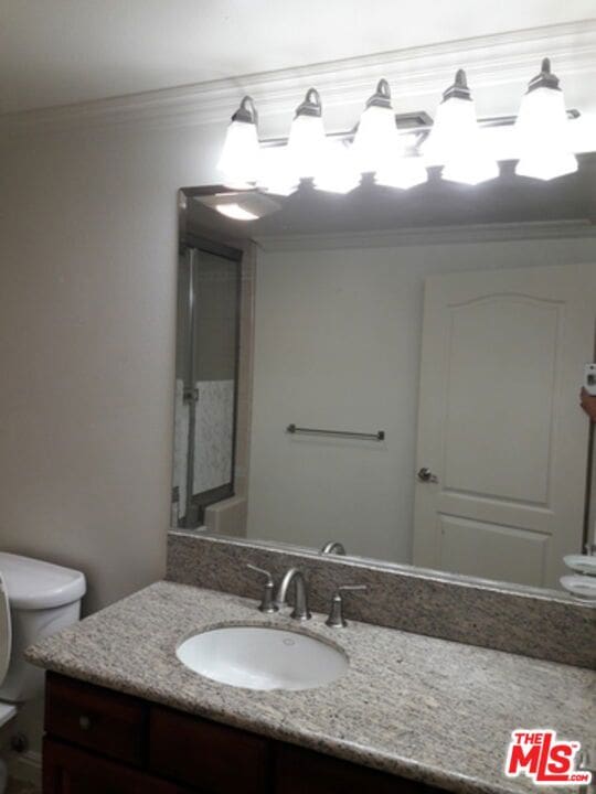 bathroom featuring vanity, toilet, and ornamental molding