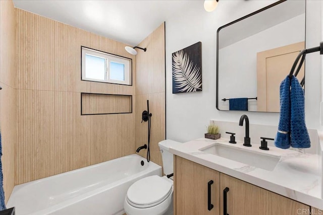 full bathroom featuring bathtub / shower combination, toilet, and vanity