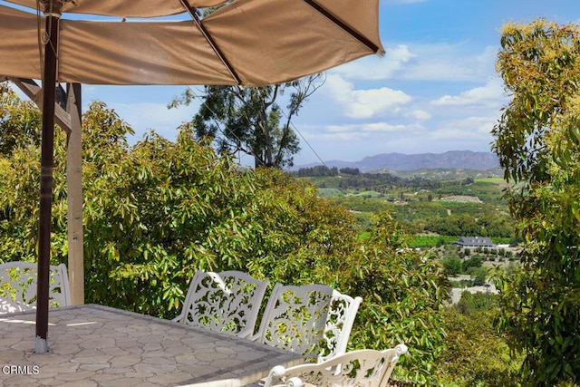 view of patio / terrace featuring a mountain view