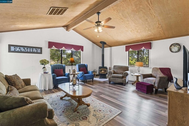 living room featuring ceiling fan, dark hardwood / wood-style floors, lofted ceiling with beams, wooden ceiling, and a wood stove