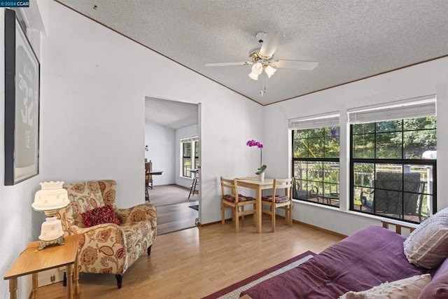 living room featuring lofted ceiling, plenty of natural light, a textured ceiling, and light wood-type flooring