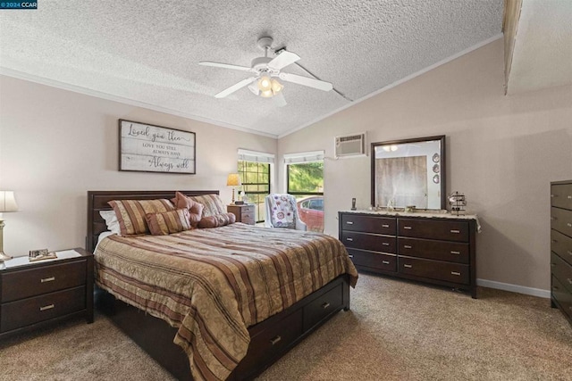 bedroom with an AC wall unit, lofted ceiling, crown molding, light carpet, and a textured ceiling