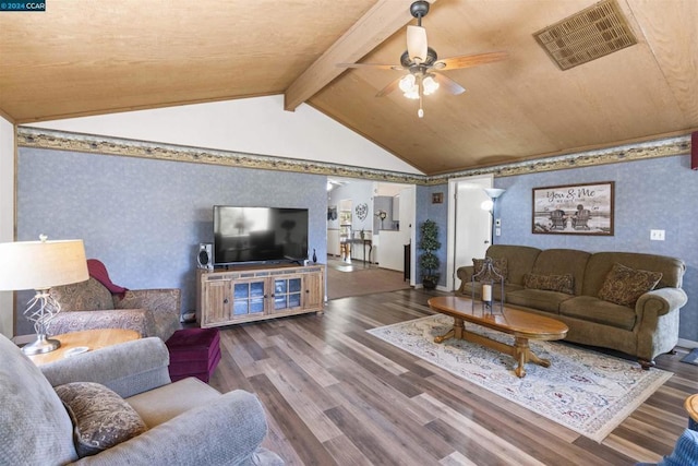 living room with vaulted ceiling with beams, hardwood / wood-style flooring, and ceiling fan