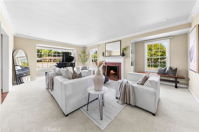 living room featuring light carpet, ornamental molding, and a healthy amount of sunlight