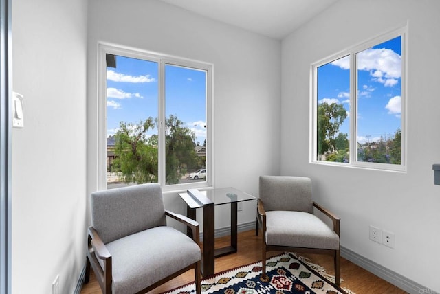 sitting room with hardwood / wood-style floors and a wealth of natural light