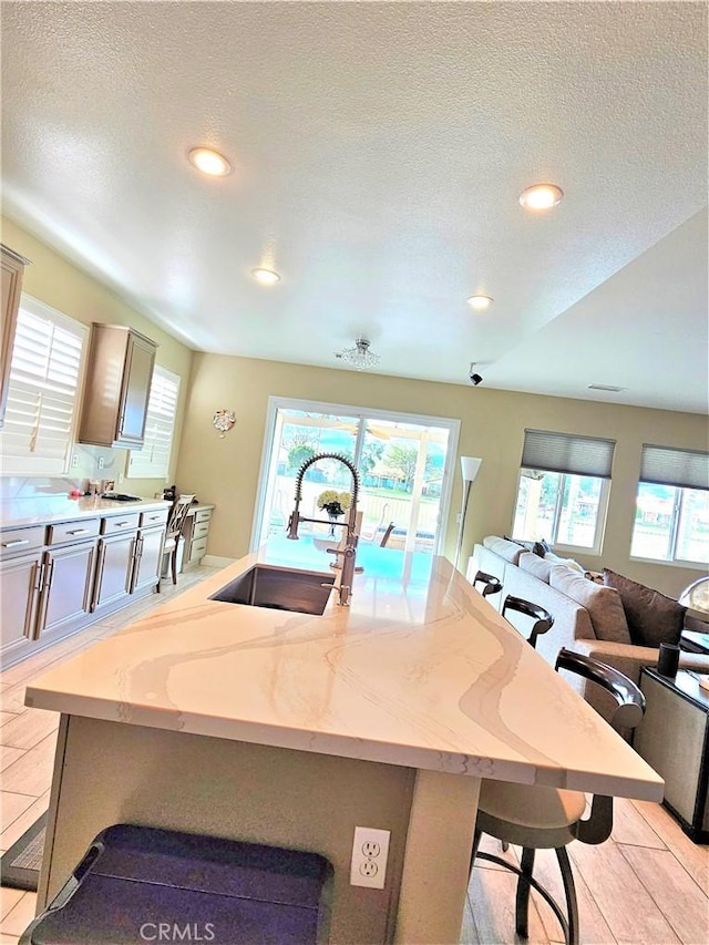 kitchen with light stone countertops, sink, an island with sink, and a textured ceiling