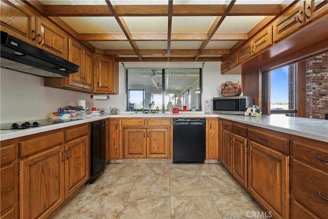 kitchen with black appliances, sink, coffered ceiling, and light tile floors