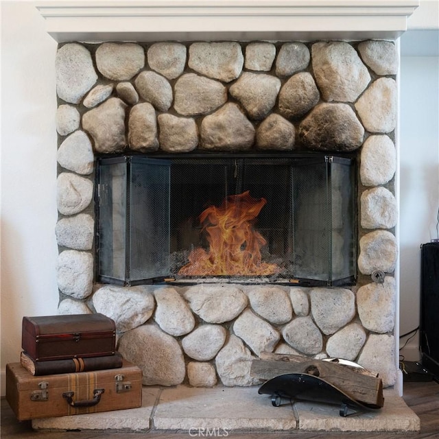 details with a stone fireplace and wood-type flooring