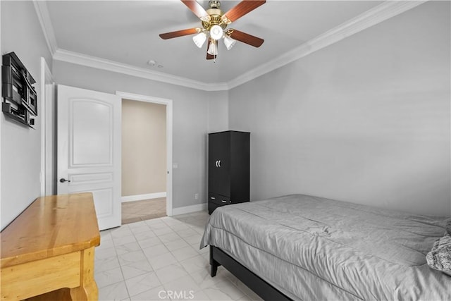 bedroom featuring ceiling fan and ornamental molding