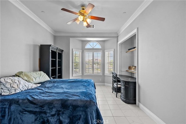 bedroom with ceiling fan and crown molding