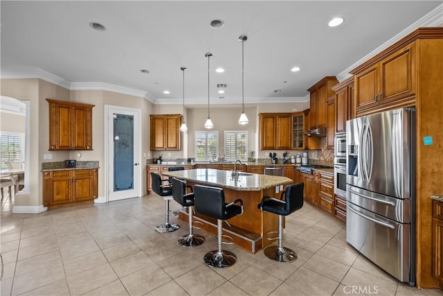 kitchen with a breakfast bar area, a healthy amount of sunlight, light stone countertops, and stainless steel appliances