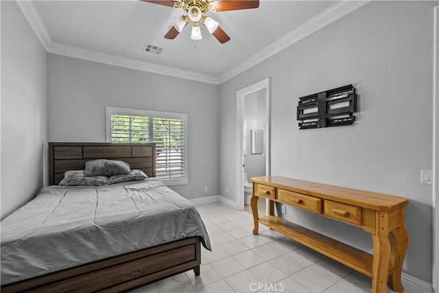 bedroom featuring ceiling fan and crown molding