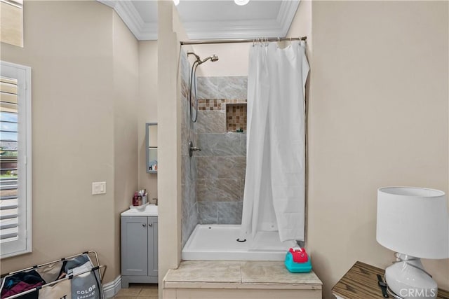 bathroom with crown molding, tile patterned flooring, and a shower with shower curtain