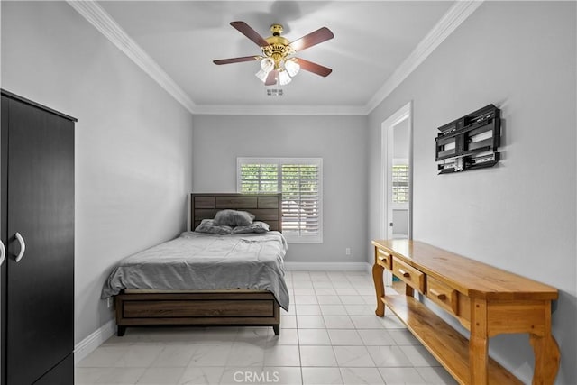 bedroom featuring crown molding and ceiling fan