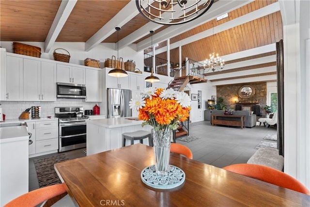 kitchen featuring a chandelier, stainless steel appliances, light countertops, and white cabinetry