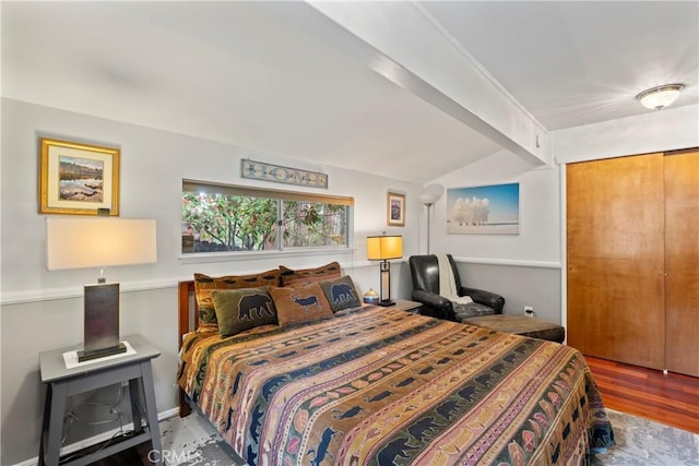 bedroom with lofted ceiling, a closet, and wood finished floors