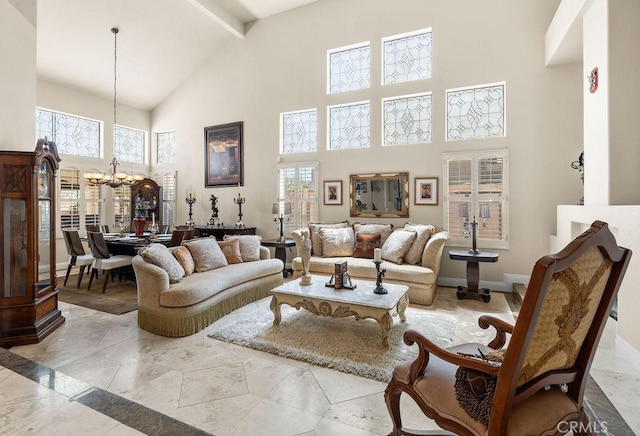 living room featuring a chandelier, high vaulted ceiling, and beamed ceiling