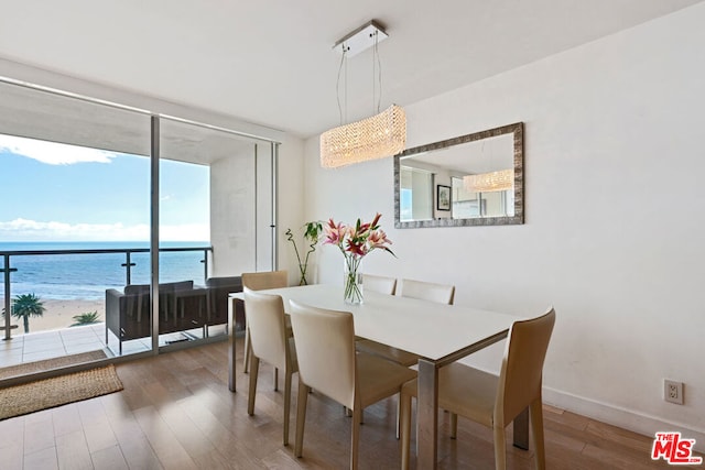 dining space featuring a wall of windows, a water view, and dark hardwood / wood-style flooring