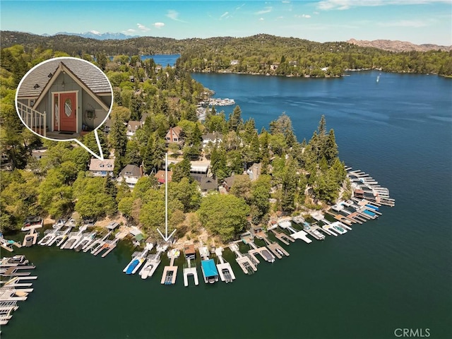 drone / aerial view with a water view