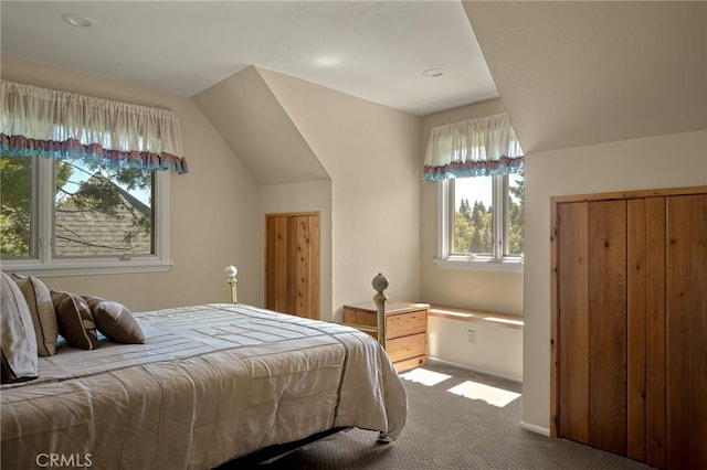 bedroom with carpet and vaulted ceiling