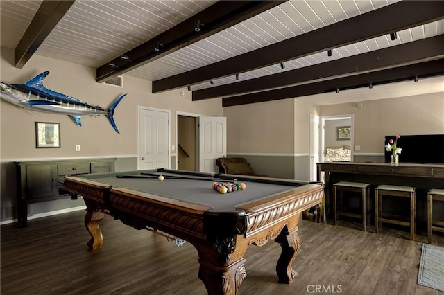 game room featuring billiards, beamed ceiling, and hardwood / wood-style flooring