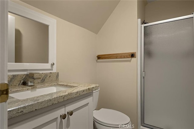 bathroom featuring vanity, toilet, walk in shower, and lofted ceiling