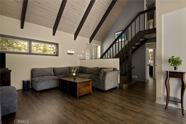 living room featuring beam ceiling, dark hardwood / wood-style flooring, high vaulted ceiling, and wooden ceiling