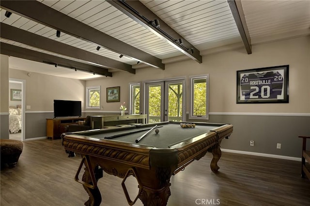 recreation room with beam ceiling, hardwood / wood-style floors, french doors, and billiards