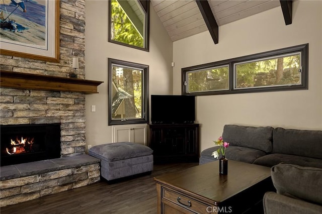 living room featuring beam ceiling, a fireplace, wood ceiling, and dark wood-type flooring