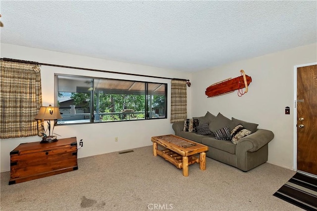 carpeted living room featuring a textured ceiling