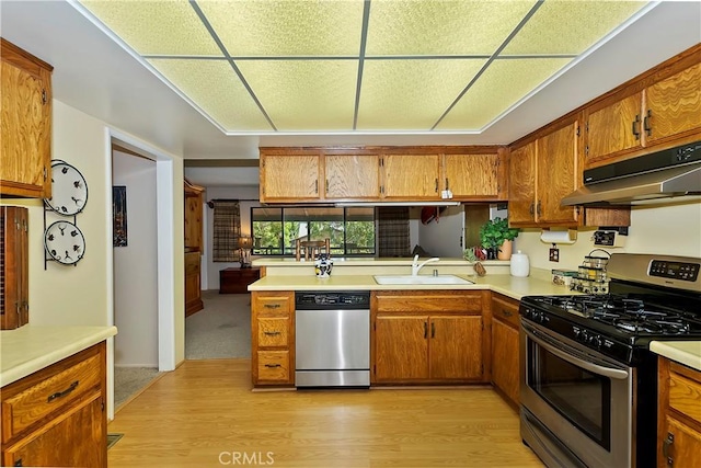 kitchen with kitchen peninsula, stainless steel appliances, light hardwood / wood-style flooring, and sink