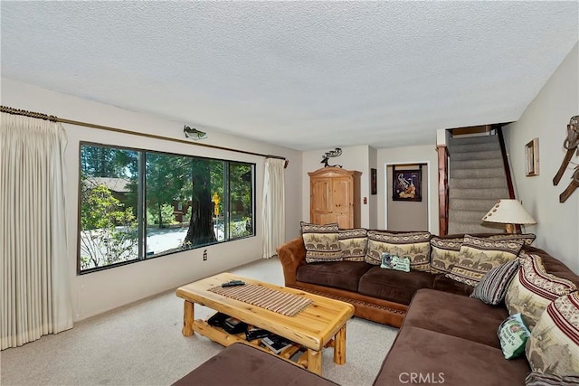 living room with a textured ceiling and light colored carpet