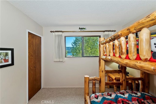 bedroom with carpet flooring and a textured ceiling