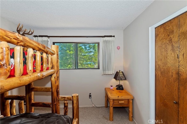 bedroom with carpet and a textured ceiling