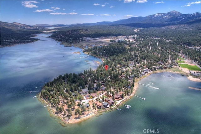 birds eye view of property with a water and mountain view