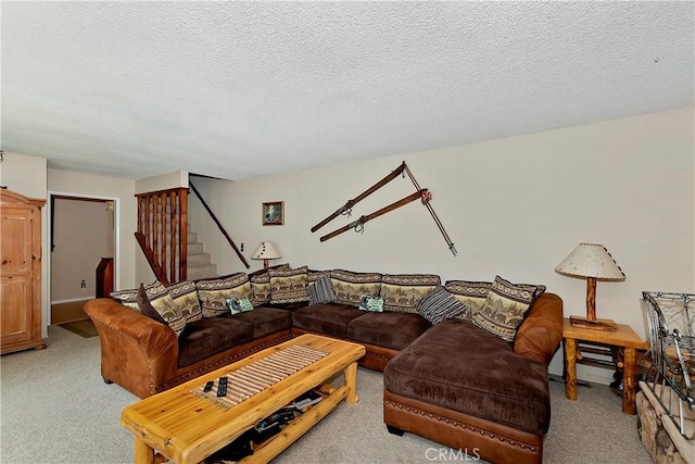 carpeted living room with a textured ceiling