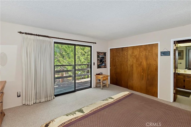 bedroom featuring access to exterior, ensuite bath, a textured ceiling, carpet floors, and a closet