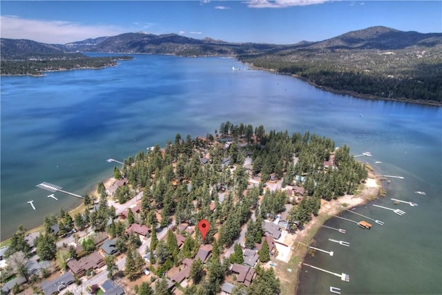 bird's eye view featuring a water and mountain view