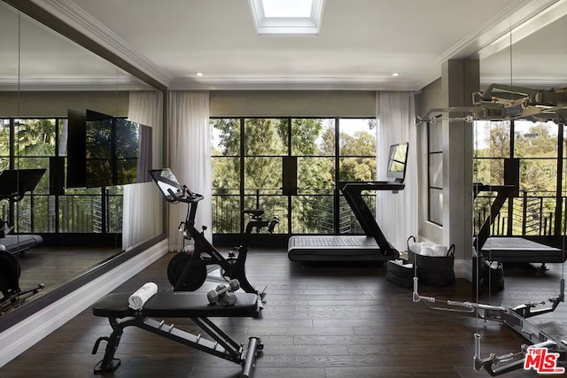 workout area with ornamental molding and dark hardwood / wood-style flooring